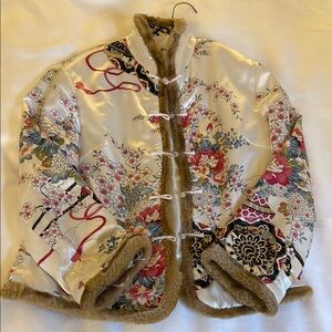 Floral Satin Women's Jacket with Faux Fur Trim